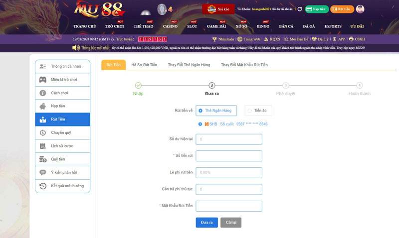 Hướng dẫn rút tiền Mu88
